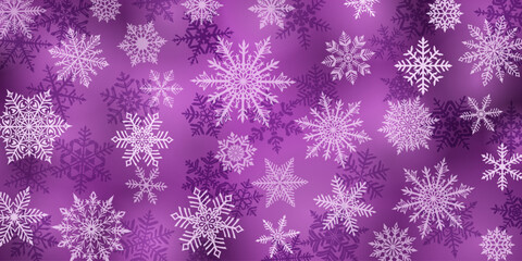 Christmas background of beautiful complex snowflakes, white on purple. Winter illustration with falling snow.