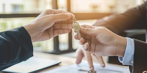 Obraz premium Close up agent giving a key to new owner or tenant, client after signed signature contract rental purchase, buyer apartment, home with landlord, realtor. Banker agreement mortgage loan. Property lease