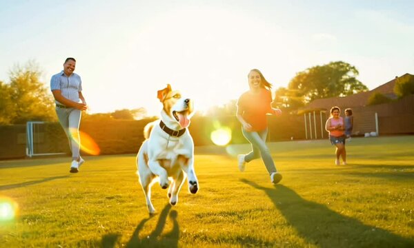 Happy Family Playing with Their Loyal Smooth Fox Terrier in the Sun