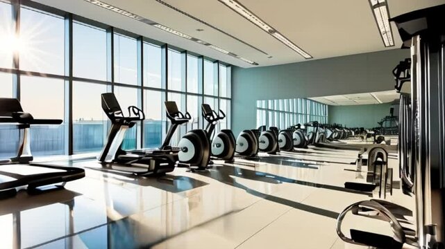 Morning sunshine pouring through the spotless and transparent floor-to-ceiling gym windows, Modern health club with exercise machines,4k video created with generative ai.
