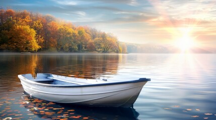 A small white boat sits in the water, with the sun shining on the water