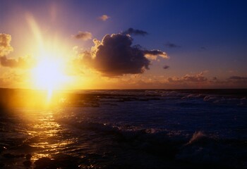 Sunrise, Dark Clouds, Ocean Waves, Sand Beach Park