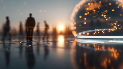 Abstract digital globe with glowing connections, blurred businesspeople in background, futuristic technology and global network concept, dynamic light effects