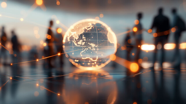 Abstract digital globe with glowing connections, blurred businesspeople in background, futuristic technology and global network concept, dynamic light effects