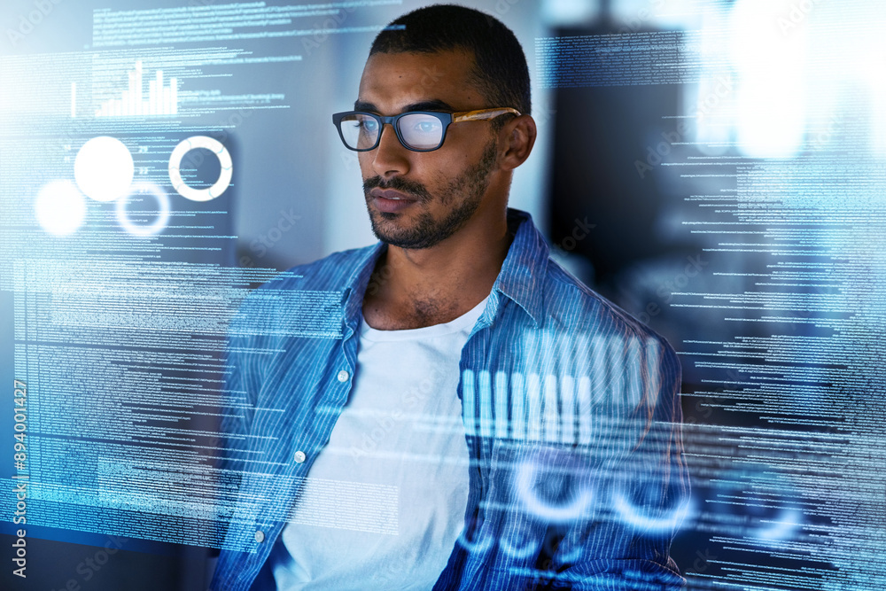 Fototapete Programmer, overlay and man on screen for coding, website development and programming. Cloud research, technology or IT technician typing code for online data, software algorithm or cybersecurity