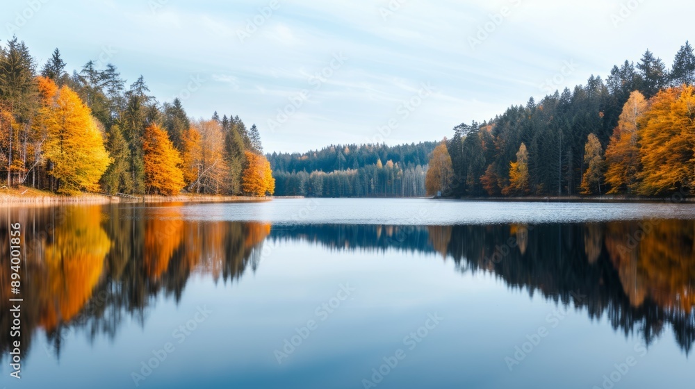 Aufkleber a lake with trees in the background and reflection of the trees in the water