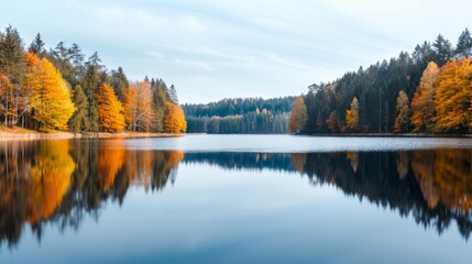 A lake with trees in the background and reflection of the trees in the water