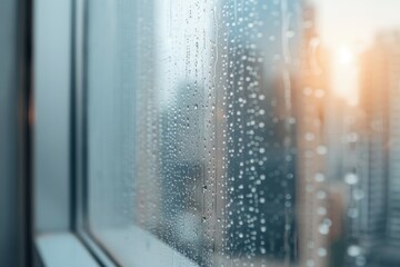 A window with raindrops on it and city in the background