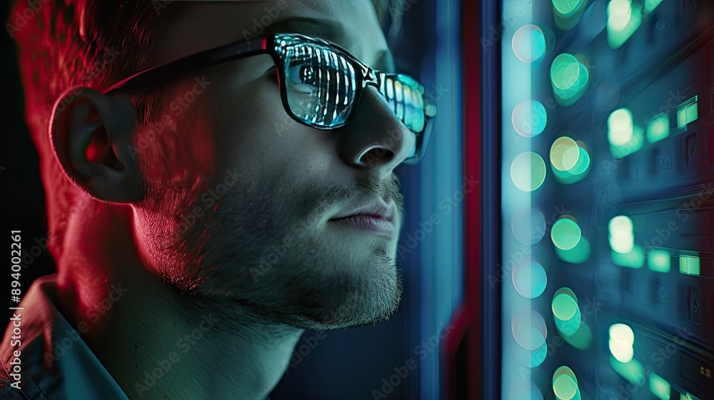 Poster man in glasses looks at server rack. the image can be used to depict cybersecurity, networking, or d