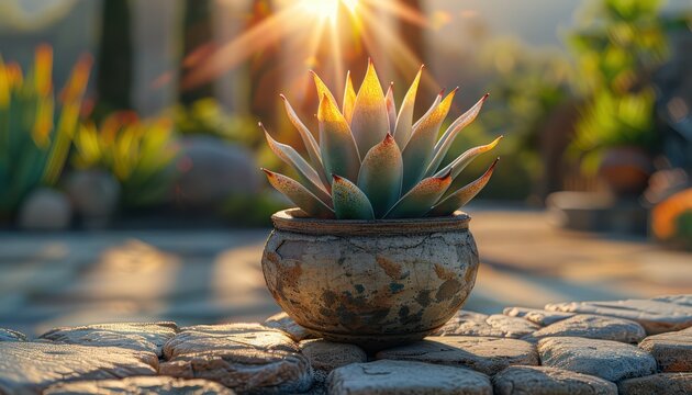Stunning Close-Up of a Succulent Plant in a Pot with a Sunlit Background, Perfect for Home Decor or Botanical Art Inspiration