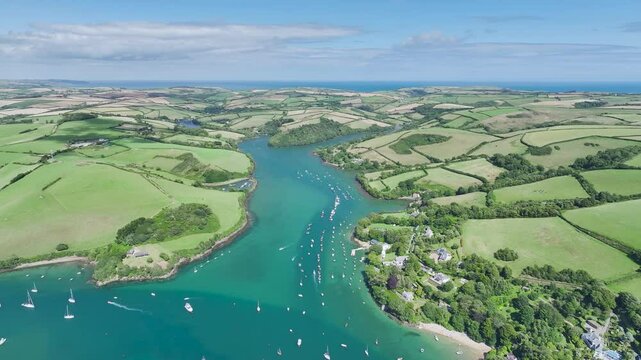 Salcombe and Mill Bay over Kingsbridge Estuary from a drone, Devon, England, Europe