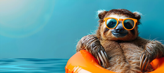 Vibrant stock image featuring a joyful sloth in sunglasses on an inflatable ring, perfect for summer promotions. Appeals to lifestyle, travel, and leisure industries with ample copy space.
