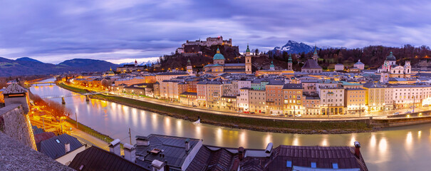 Panoramic view of Salzburg old town and Hohensalzburg Fortress at twilight, Austria