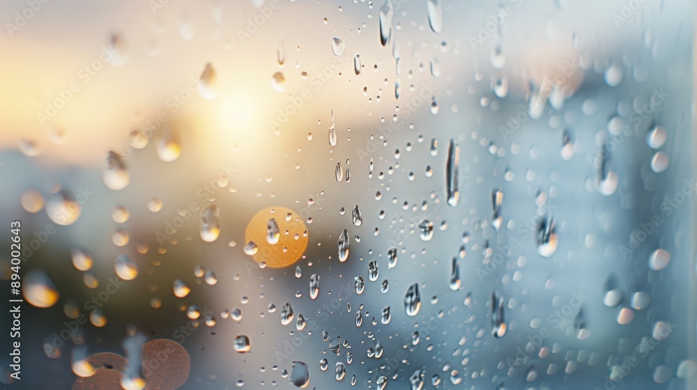 Poster a window with raindrops on it and a sun in the background