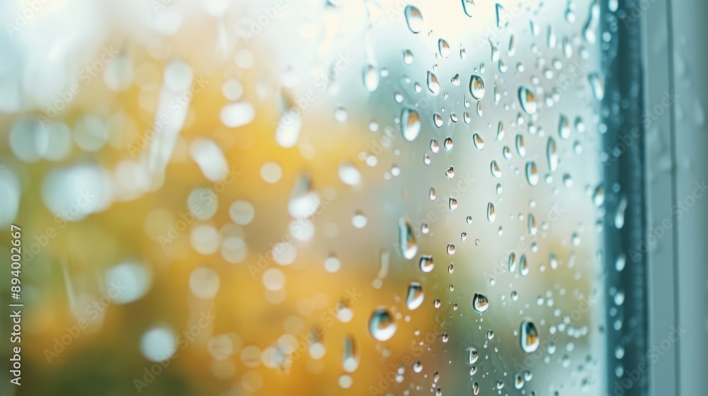 Poster the raindrops on the window create a blurry, hazy effect