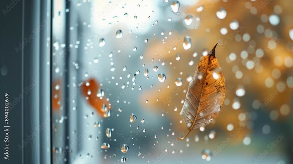 Poster a leaf is floating in a window with raindrops on it, autumn background