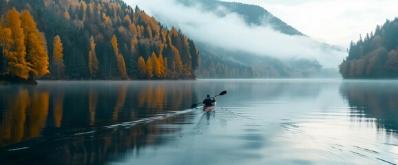 A man paddles a kayak on a lake surrounded by trees
