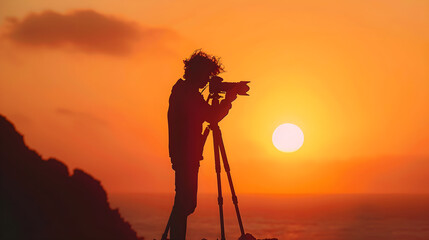 Captivating silhouette of a photographer capturing a sunset, ideal for travel, lifestyle, and inspirational content. Perfect for marketing, prints, and creative projects. Copy space available.