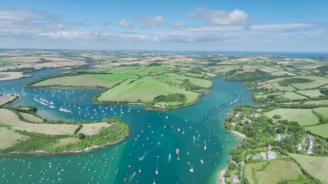 Salcombe and Mill Bay over Kingsbridge Estuary from a drone, Devon, England, Europe