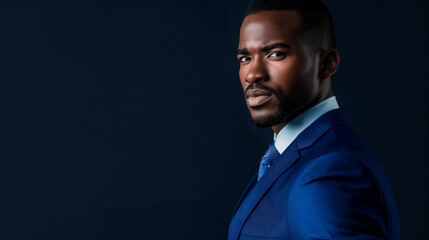 Powerful side profile of a young African man in a sharp blue suit, looking confidently at the camera against a deep blue background