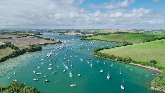 Salcombe and Mill Bay over Kingsbridge Estuary from a drone, Devon, England, Europe