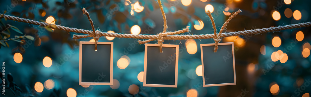 Poster a string of three black and white photo frames hanging from a rope