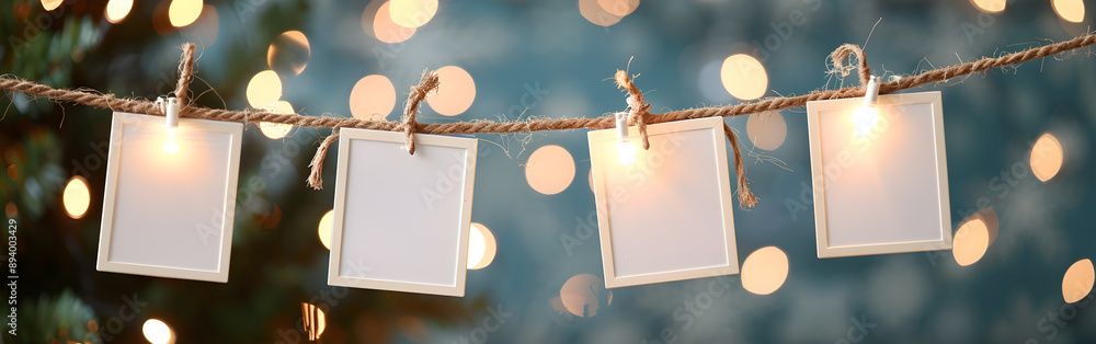 Poster a string of white picture frames hanging from a tree