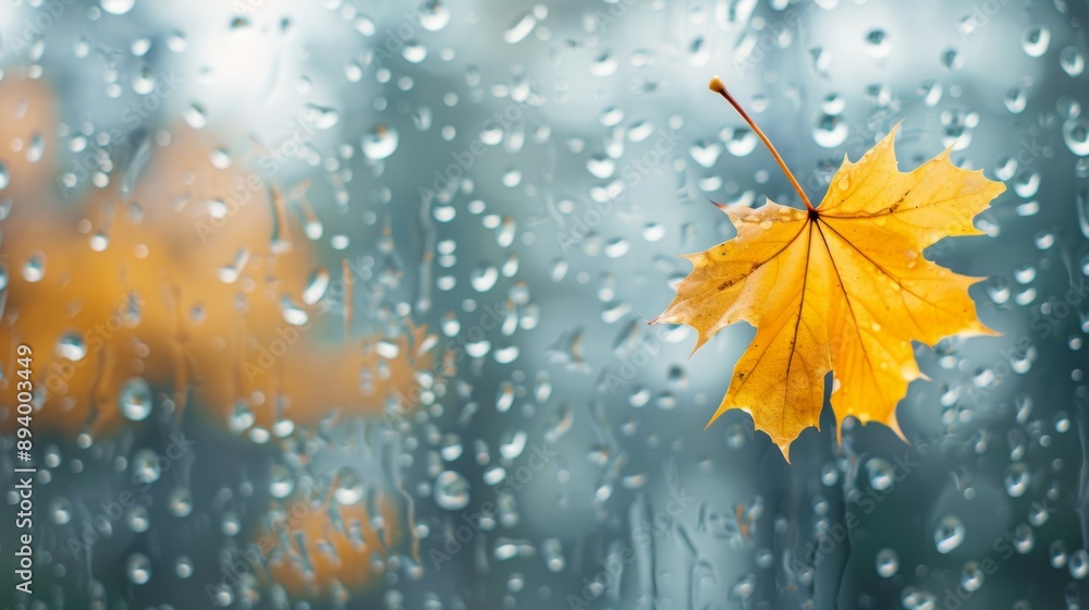 Poster a leaf is floating on a window pane with raindrops on it, autumn background
