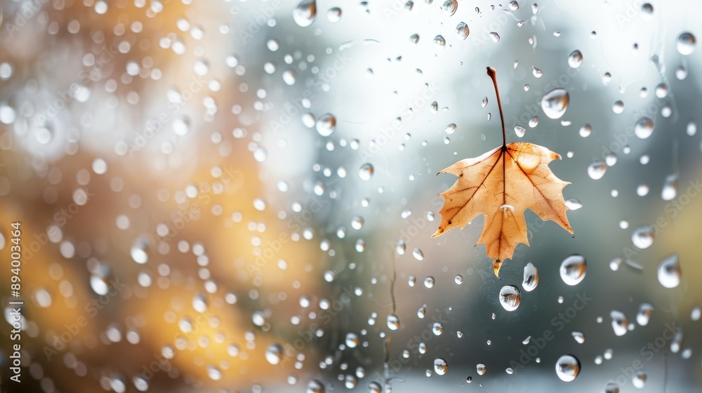 Poster a leaf is floating on a window pane with raindrops on it