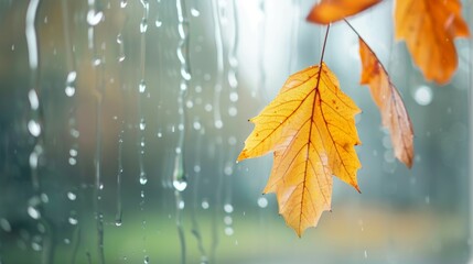 Obraz premium A leaf is hanging from a tree in the rain