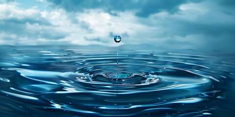 Stunning water droplet creating ripples in serene blue ocean, perfect for environmental campaigns, water conservation awareness, and nature-themed designs. Ideal for sustainable branding.