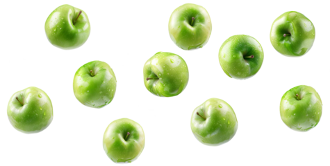 Falling fresh green apples over isolated white transparent background