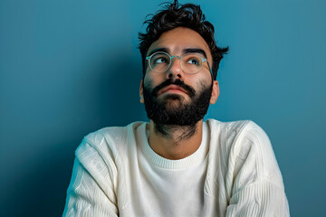 Obraz premium Dynamic portrait of a young man with glasses and a beard, embodying introspection. Ideal for marketing, lifestyle blogs, and wellness campaigns. Includes copy space for powerful messaging.