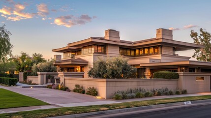 Corner street view of a Craftsman style house in sandy beige at dawn, standing out with unique architecture