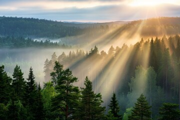 The sun is shining through the trees, casting a warm glow on the forest