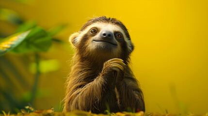 Fototapeta premium Adorable baby sloth with a joyful expression, set against a warm yellow backdrop. Ideal for wildlife conservation campaigns, children's education, and lifestyle branding.