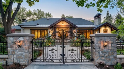 Craftsman style home front view, the entrance marked by a vintage-style wrought iron gate that enhances the home's heritage feel