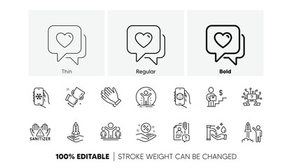 Loan percent, Air conditioning and Clean hands line icons. Pack of Launch project, Winner cup, Washing hands icon. 3d app, Heart, Crowdfunding pictogram. Teamwork question. Line icons. Vector
