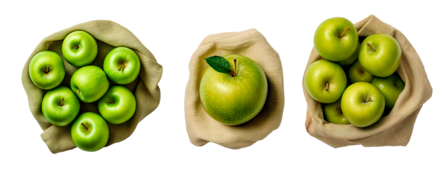 Green apples top view in burlap bags over isolated transparent background