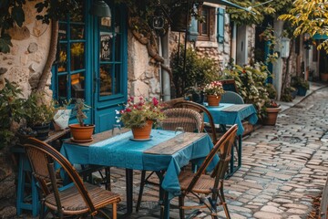 A quaint outdoor cafe setting in a European town. This photo is perfect for showcasing the ambiance of a charming cafe, ideal for travel, food, and lifestyle blogs.