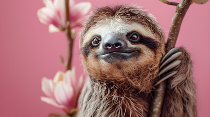 Fototapeta premium Adorable sloth hanging from branch on vibrant pink background with blossoming flowers, perfect for nature, wildlife, and animal photography enthusiasts, eco-friendly brands, children's products,...