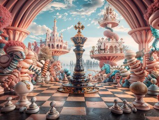 Fototapeta premium Surreal Fantasy Chess Scene with Giant Pieces in Dreamlike Landscape
