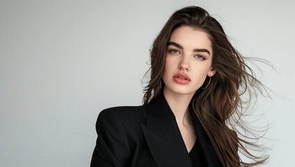 Naklejka premium Professional portrait of a confident young businesswoman with flowing brunette hair, wearing a black blazer, gazing directly at the camera against a neutral background