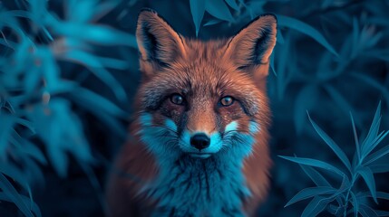 Fototapeta premium Fox in a moonlit forest, stained glass, cool tones, mystical style, intricate and serene