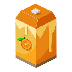 Orange juice, white background, cardboard box with orange liquid inside.