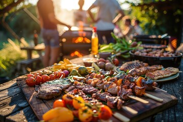Outdoor barbecue with friends, featuring grilled meat, vegetables, and vibrant summer ingredients, perfect for social gatherings and parties.