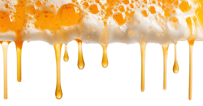 Golden beer dripping over isolated white transparent backgorund
