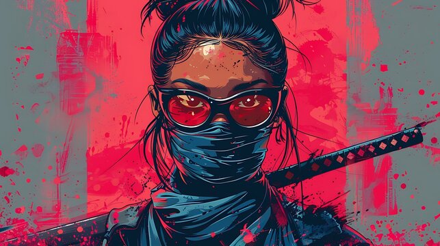cartoon illustration of a female ninja hold katana blade with pink background