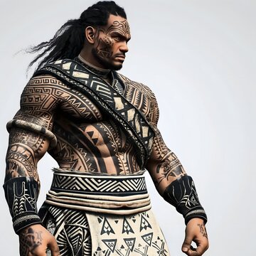 95. "A Samoan tattooed warrior in traditional lavalava and ceremonial adornments, depicted in 3D on a white backdrop."