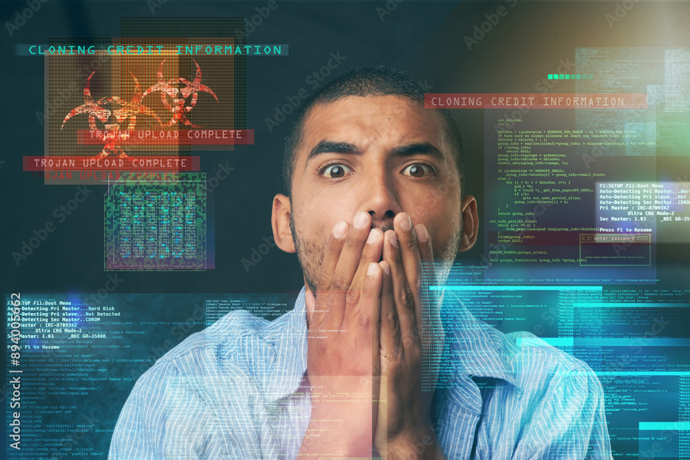 Poster Hologram, disaster and man with risk or crisis for coding, website development and programming. Portrait, scared or IT technician in fear of online data theft, stealing software info or cybersecurity